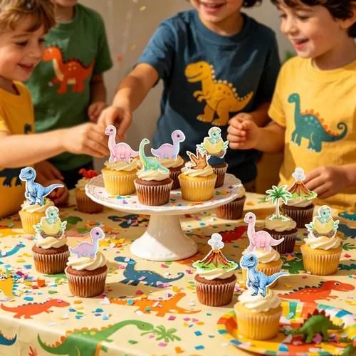 Vista 6 de 40 piezas de dinosaurios comestibles para cupcakes, huevos de dinosaurio volcán, palillos de cupcakes, lindos dinosaurios, selecciones de comida