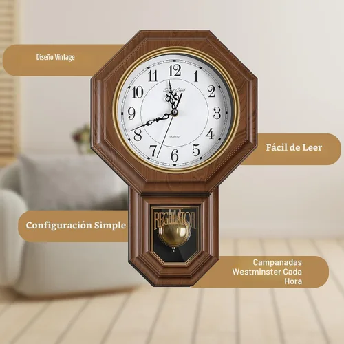 Vista 6 de Reloj de pared de péndulo que funciona con pilas, reloj regulador de plástico de imitación de madera con péndulo, relojes de pared decorativos