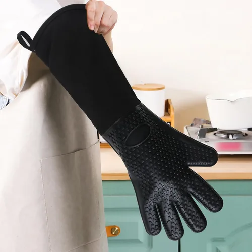 Vista 3 de Manoplas extralargas para horno, resistentes al calor, con forro de algodón, guantes gruesos para cocina, servicio de alimentos y alimentos