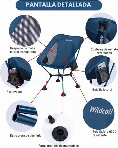Vista 7 de WildCall Silla de camping plegable ligera con marco de configuración rápida, silla de playa compacta para mochileros con pies antideslizantes 2 Azul