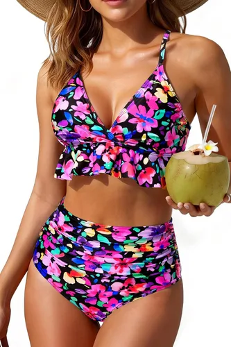 Vista 9 de Tempt Me - Traje de baño de dos piezas para mujer, bikini de cintura alta con volantes y control de abdomen Rojo neón