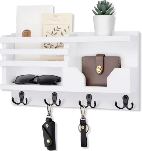 Vista 9 de Lwenki Organizador de Correo y Llavero para Pared - Organizador Decorativo de Entrada de 15.9" x 8.7" x 3.2" con Estante - Madera de Paulownia con 4