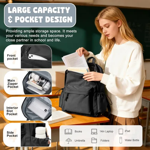Vista 3 de VECAVE - Mochila ligera para mujeres y hombres, mochila de viaje casual para portátil, A-Negro, Grande, Mochila