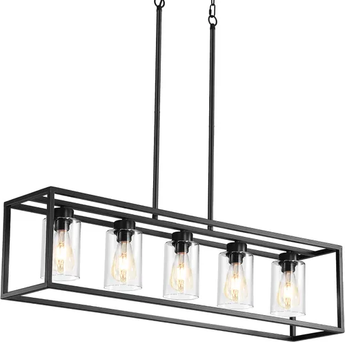 Vista 8 de Lámpara de comedor negra de 5 luces, candelabros modernos de granja, iluminación rectangular lineal para isla de cocina, iluminación colgante