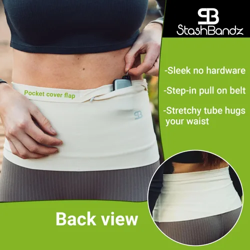 Vista 6 de StashBandz Unisex Travel Money Belt, Running Belt, Fanny and Waist Pack, 4 Large Security Pockets -1 Zipper Pocket, Fits All Size Phones Passport