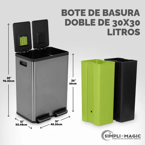 Vista 3 de SIMPLI-Magic Elegante bote de basura negro con pedal de 16 galones (60 litros), cubo de basura de cocina de doble compartimento con contenedores