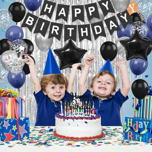Vista 5 de Decoraciones de cumpleaños azul marino y negro para hombres, globo de confeti negro y azul con pancarta de "Happy Birthday", cortinas con flecos