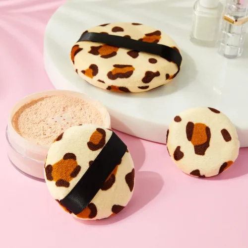 Vista 2 de Glamlily Polvo con estampado de leopardo, aplicadores de maquillaje de poliéster de espuma suave, almohadillas de maquillaje con estampado