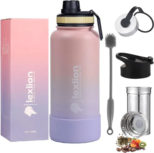 Vista 2 de Lexlion Botella de agua de 14 onzas, de acero inoxidable con aislamiento de triple pared, resistente al olor y a la tensión, botella reutilizable, 1