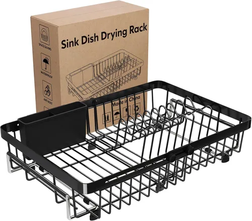 Vista 9 de Estante de secado de platos expandible sobre el fregadero en acero inoxidable para cocina pequeña, escurridor de platos moderno y compacto de metal
