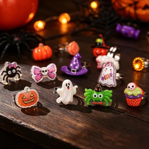 Vista 3 de PinkSheep Anillos de joyería para niña pequeña en caja, 24 encantadores Anillo de Halloween