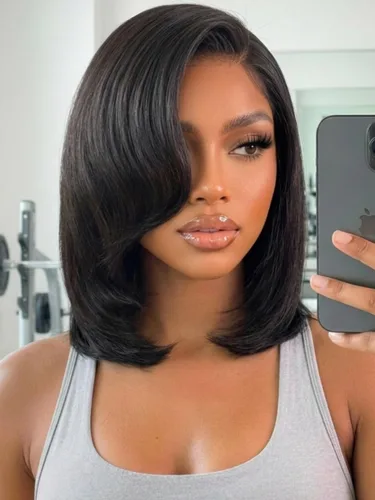 Vista 58 de KLAIYI Peluca de cabello humano con encaje frontal precortada 7x5, corte Bob en capas, corte romo, cordón sin pegamento, peluca predepilada