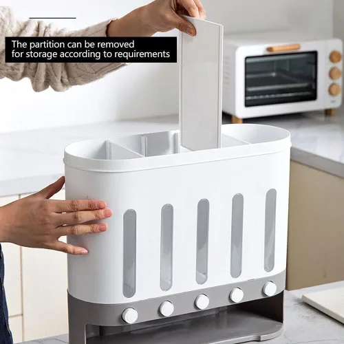 Vista 2 de Dispensador de cereales montado en la pared de 19.8 lbs, dispensador de alimentos secos de 5 rejillas, contenedor de almacenamiento de granos
