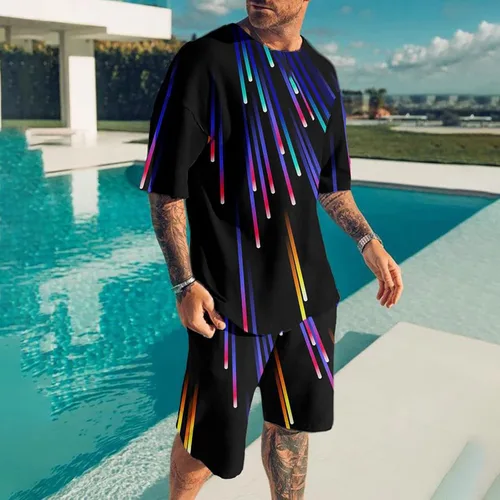 Vista 2 de Mens Two Piece Outfits Sets Lightweight Relaxed-Fit Graphic Short Sleeve Shirts Printed Shorts Breathable Tracksuit
