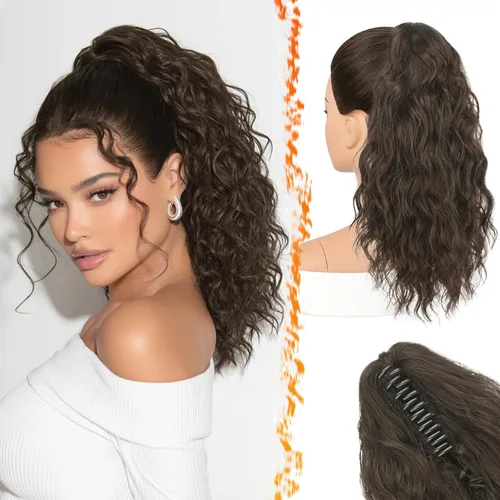 Vista 15 de BARSDAR Extensión de Cola de Caballo Marrón - Extensiones de Cola de Caballo con Pinza de 18 Pulgadas para Mujeres - Extensiones de Cabello Mezcla