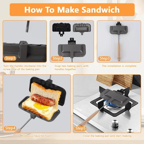 Vista 7 de Sartén para hornear sándwich de doble cara, sartén de doble cara, parrilla para sándwich, estufa de gas, máquina de quesos a la parrilla