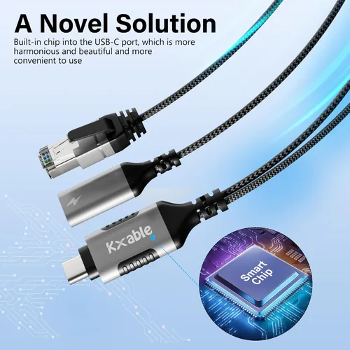 Vista 6 de Cable USB C a Ethernet de 4 pies, cable tipo C a RJ45 con USB-C hembra de 65 W PD carga rápida, Internet y carga dos en uno, red LAN Gigabit