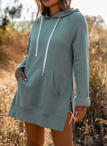 Vista 5 de La Chilly Sudadera con capucha de gran tamaño para mujer, casual, larga, dobladillo con abertura alta, con bolsillo tipo canguro