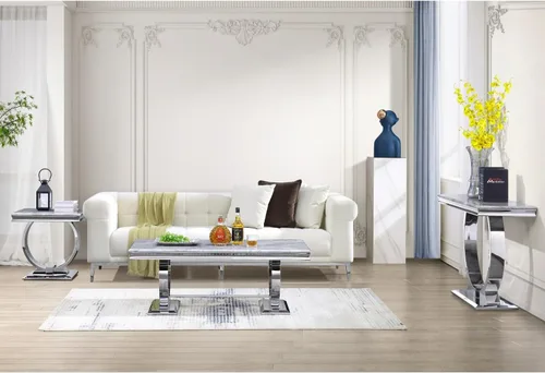 Vista 2 de Mesa de centro moderna, mesas de centro con pedestal de base en U plateadas para sala de estar, mesa de centro rectangular de 48 pulgadas en gris