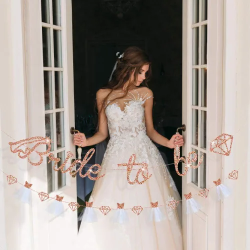Vista 6 de pinkblume Cartel de oro rosa con la frase "Bride To Be", papel con purpurina de doble cara para vestido de boda, guirnalda de diamantes para novia