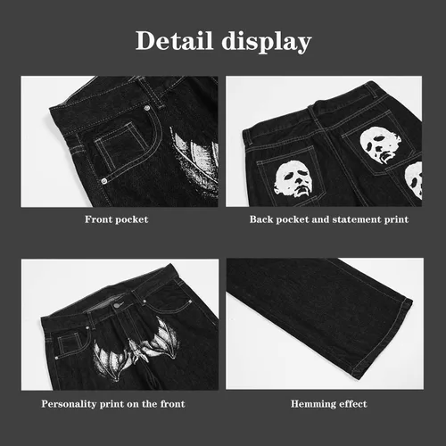 Vista 4 de Pantalones de mezclilla góticos de hip hop, ropa de calle para hombre, estampado gráfico, holgados, punk rock, Harajuku, pantalones de mezclilla