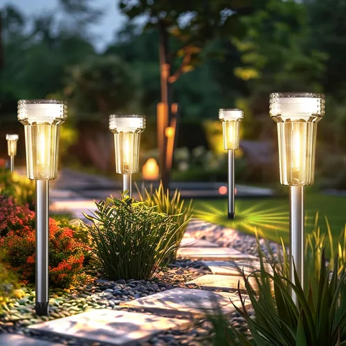 Vista 8 de Mancra - Luces solares al aire libre impermeables, juego de 8 luces de camino con bombilla de tungsteno de acero inoxidable, luces solares