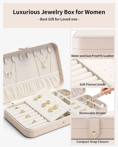 Vista 2 de Vlando Joyero de viaje para mujer, organizador de joyas de cuero portátil, para collares, aretes, anillos, pulseras, tamaño pequeño, regalos