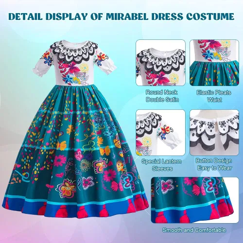 Vista 5 de TOLOYE Vestido de Encanto para niñas, disfraz de Mirabel, princesa Isabella, ropa con accesorios para fiesta de cumpleaños, cosplay