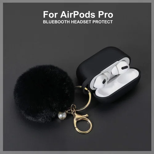 Vista 2 de Cypher.V Funda protectora para AirPods Pro, funda de silicona con kit de llavero de pompón de bola suave y lindo (negro)