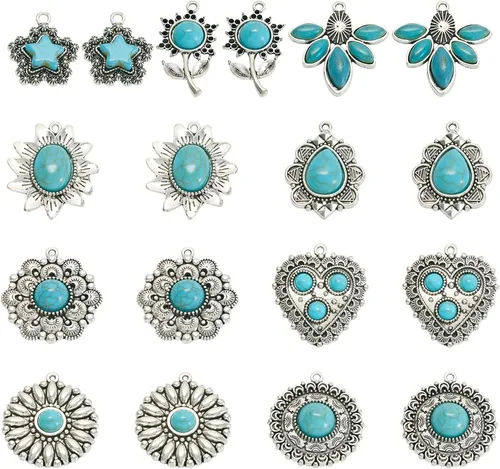 Vista 13 de 16 dijes de piedra turquesa de 8 estilos, estilo tibetano, vintage, bohemios, curativos, piedras preciosas colgantes grandes, joyería occidental