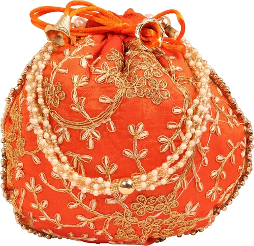 Vista 3 de Touchstone Bolsa tradicional india bordada a mano para regalos de compras, joyería de boda, perlas de imitación, cuerda con cordón para mujer.