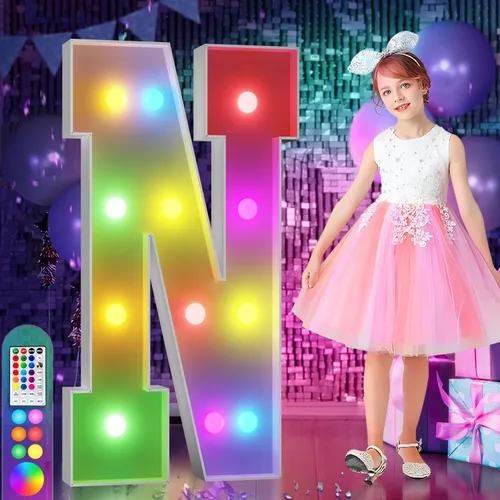 Vista 85 de Imprsv Letras coloridas de marquesina de 3 pies y letras grandes iluminadas RGB con control remoto, decoraciones de fiesta de cumpleaños Carta
