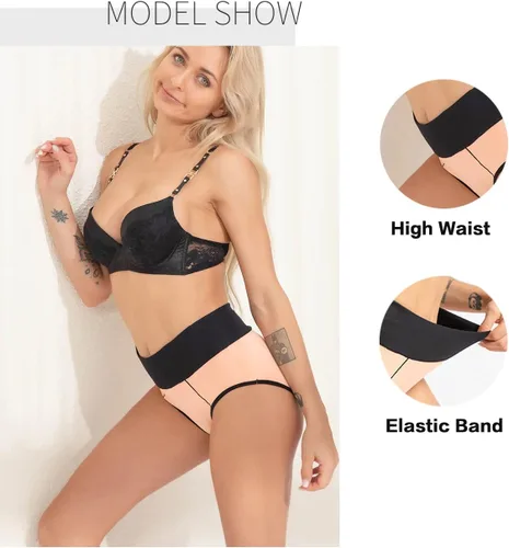 Vista 3 de Ropa interior de algodón para mujer, de cintura alta, elástica, cobertura completa, suave, talla grande, con control de abdomen, paquete de 5