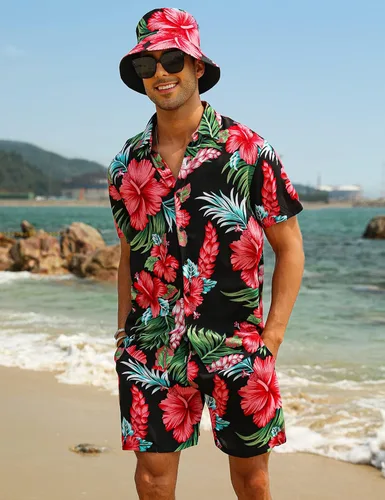 Vista 2 de EISHOPEER Conjunto hawaiano de flores para hombre, camisa de manga corta y pantalones cortos, trajes con sombreros de pescador
