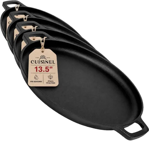 Vista 6 de Plancha redonda de hierro fundido – Sartén para crepas de 10.5 pulgadas + cubierta de mango de silicona – Comal pre-sazonado para sartén plana