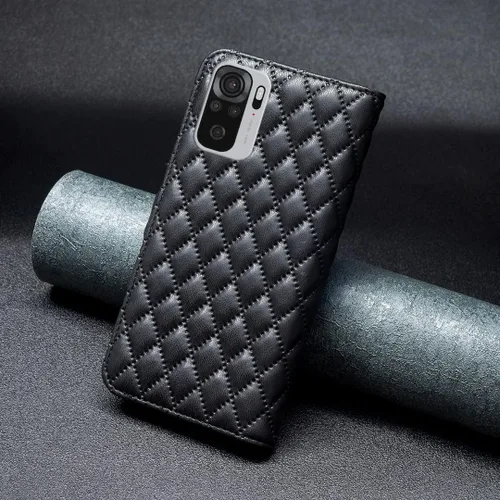 Vista 2 de Case for Xiaomi Redmi Note 10 4G/Note 10S,Rhombus Lambskin Pattern Premium Leather Wallet Kickstand Flip Case Magnetic Clasp Cover Black