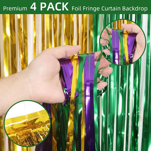 Vista 4 de Paquete de 4 cortinas de flecos de papel de aluminio Mardi Gras de 3.2 x 8.2 pies, cortina de fondo verde dorado y morado, cortina de fondo metálico