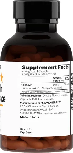 Vista 2 de MONOHERB Riboflavina 5'-Fosfato 50 mg – 120 Cápsulas Vegetarianas – Vitamina B2 Bioactiva (Paquete de 2)