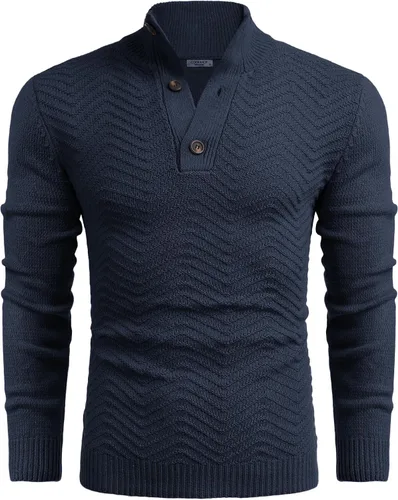 Vista 4 de COOFANDY Suéter de cuello alto Henley de punto trenzado para hombre