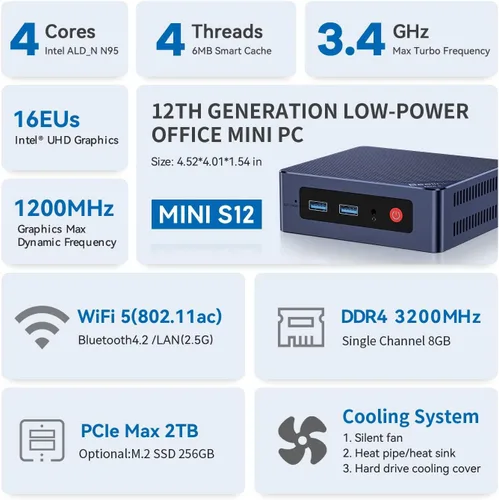 Vista 2 de Beelink Mini PC Intel 12th N95 (hasta 3.4 GHz), 8 GB DDR4 256 GB SSD, Micro PC 4K Dual HDMI Display/2.5Gbps LAN/WiFi5/BT4.2/USB3.2/WOL Hogar/Oficina