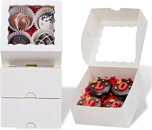 Vista 11 de 20 piezas cajas de panadería elegantes de 6 x 6 x 2.5 pulgadas con ventana, ideales para galletas, fresas cubiertas de chocolate, pasteles