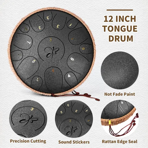 Vista 3 de Tambor de Lengua de Acero - 12 Pulgadas 15 Notas, Tambores de Lengua de Acero para Niños y Adultos, Handpan de Acero con Mazos, Hang Drum con Libro