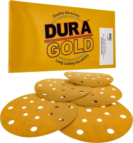Vista 12 de Dura-Gold Discos de lijado dorados de 6 pulgadas de alta calidad, grano 60 (caja de 50), papel de lija de gancho y bucle sin polvo con patrón de 17