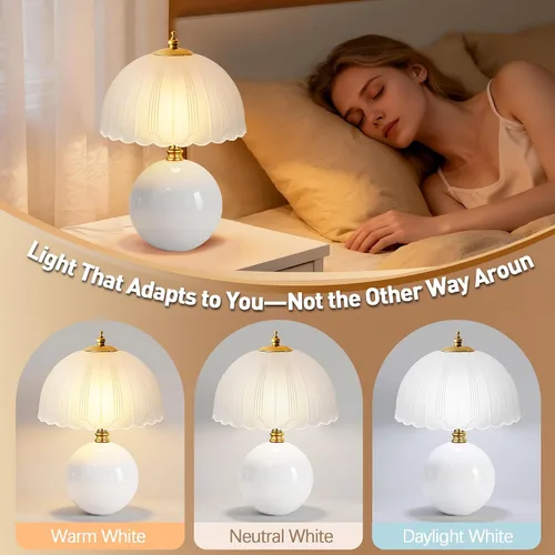 Vista 3 de PARTPHONER - Lámpara de mesa de hongo, lámpara de mesita de cerámica con pantalla de vidrio, iluminación de 3 vías (2700K-5000K) con interruptor
