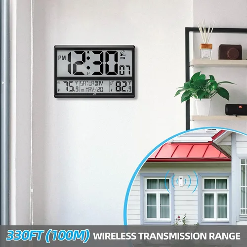 Vista 7 de Reloj atómico LFF de 4.5" con números, reloj de pared atómico que nunca necesita configuración, temperatura interior y exterior con sensor