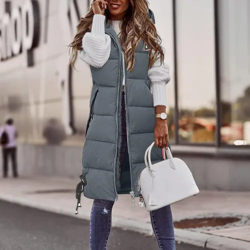 Vista 2 de COKUERA Chalecos largos y cálidos de invierno para mujer, color sólido, acolchado, ligeros, sin mangas, con capucha
