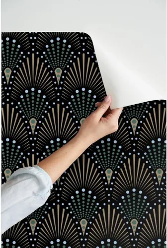 Vista 3 de Muestras de papel tapiz para despegar y pegar, ventilador Art Deco negro, verde, marrón, dorado, geométrico, puntos geométricos, papel tapiz