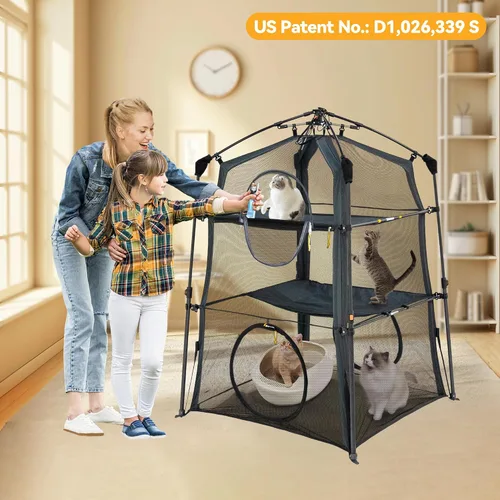 Vista 8 de Cerca para Gatos con Torre y Tienda de Campaña para Gatito y Gato para Interior y Exterior, Jaula para Gatos de 3 Niveles Interior, X-Grande Catio