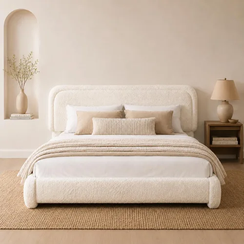 Vista 10 de Kelway - Base de cama tamaño Queen Boucle tapizada con cabecera curvada ajustable, no necesita somier, color beige