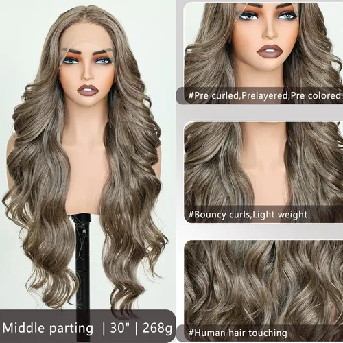 Vista 4 de FABELLE - Peluca de cabello sintético rubio ceniza con encaje frontal de 13 x 4 HD, sin pegamento, parte media ondulada de 30 pulgadas, para usar